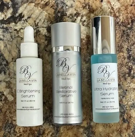 facial serums by La Bella Vita Medi Spa Inc. including C Brightening, Retinol and Hyaluronic Acid